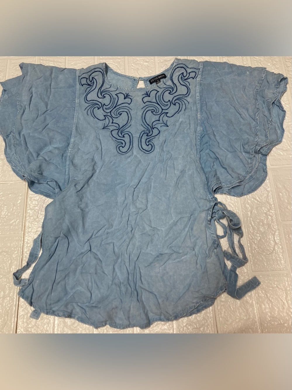 Style Envy Light Blue Embroidered Tie-Side Tunic poncho like
